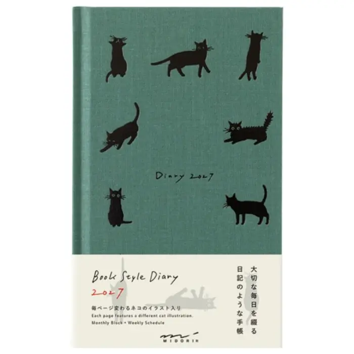 Midori – Book Style Diary 2027, B6 Variant, Cat Green, Agenda Mensile e Settimanale