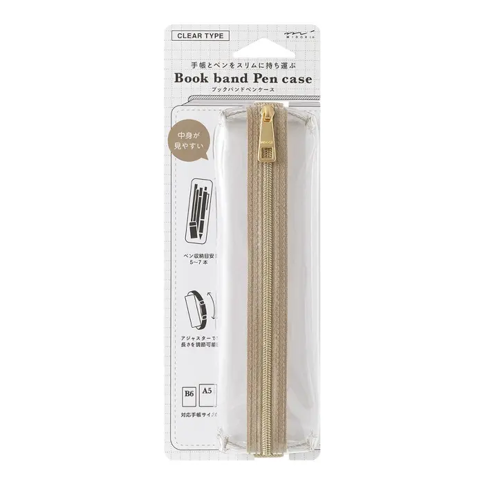 Midori – Book Band Pen Case (B6-A5), Clear × Beige